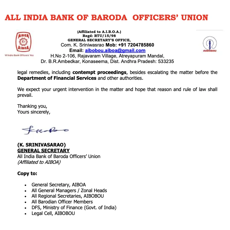 Bank of Baroda Officers Union Letter